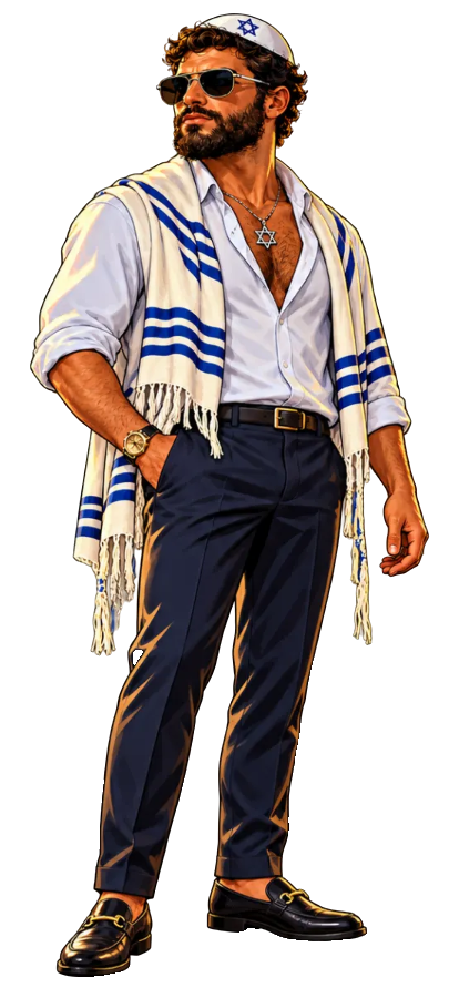 The Grand Theft Shabbat character standing in sunglasses, tallit and polished loafers.