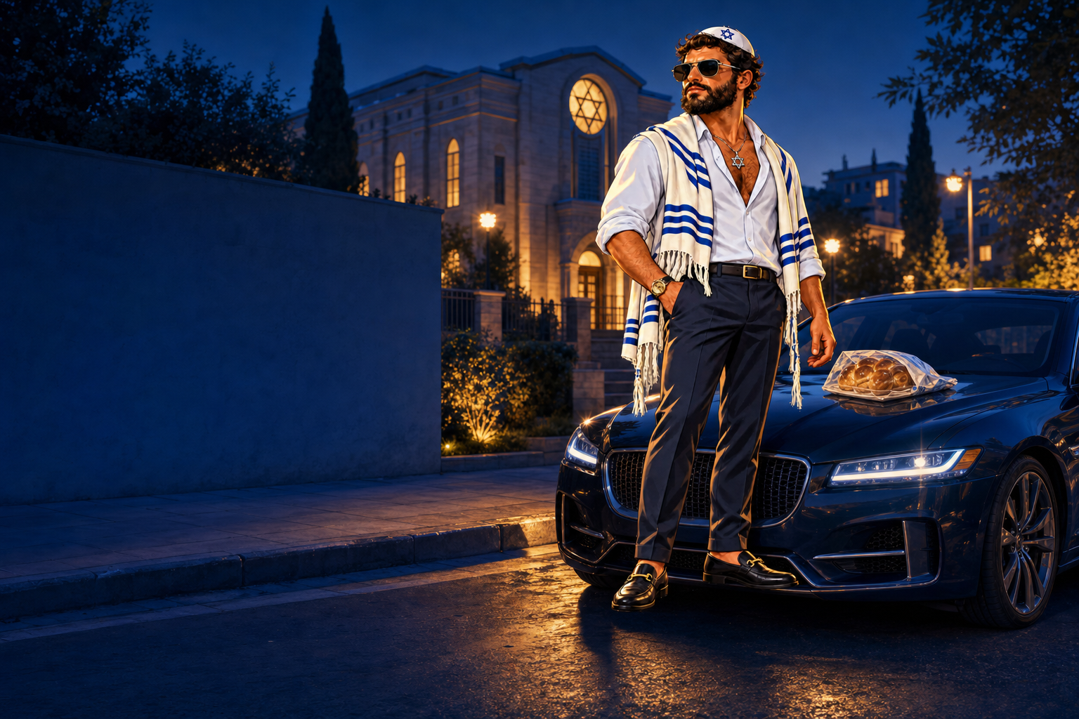 A bearded man in sunglasses, kippah and striped tallit stands by a dark sedan outside a candlelit synagogue at dusk, challah on the hood.